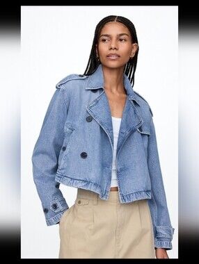 Gap Light Blue Denim Cropped Trench Jacket, Size Large